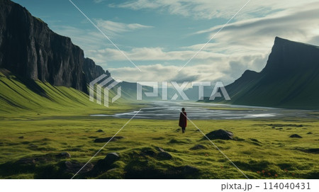 Lone Figure Standing in Expansive Valley with Towering Cliffs and Distant Mountains 114040431
