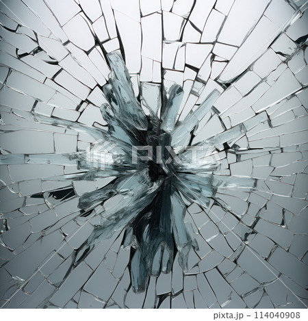 Impact burst on glass with radial crack lines. AI generation 114040908