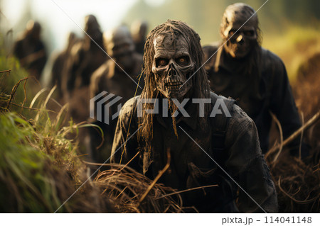 A group of zombies advancing through a field at dusk, creating a terrifying scene. AI generation A group of zombies advancing through a field at dusk, creating a terrifying scene. AI generation 114041148