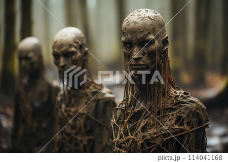 Mud-covered figures emerge silently among the trees of a dense forest. AI generation 114041168