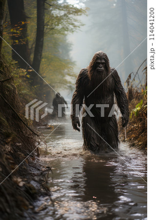 A tense moment when a mythical yeti-like creature emerges from the fog. AI generation 114041200