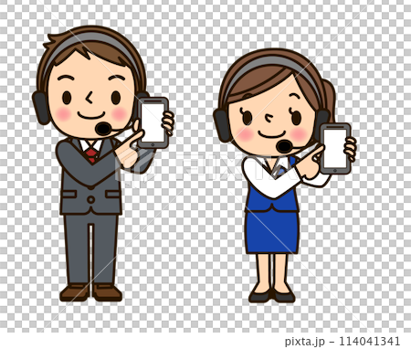 Male and female operators holding smartphones 114041341