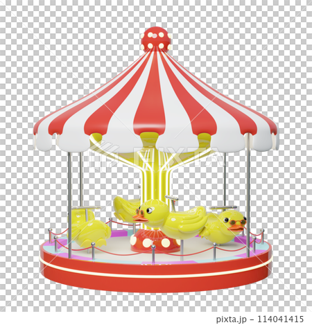 Carousel or merry go round with yellow duck, sunglasses isolated. 3d render illustration 114041415