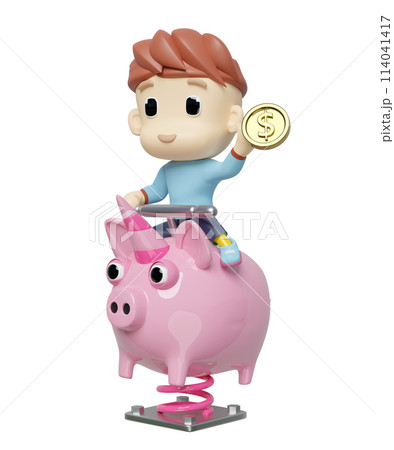 Playground piggy bank spring rider with boy, dollar gold coin isolated. 3d render illustration Playground piggy bank spring rider with boy, dollar gold coin isolated. 3d render illustration 114041417