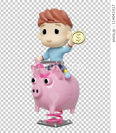 Playground piggy bank spring rider with boy, dollar gold coin isolated. 3d render illustration Playground piggy bank spring rider with boy, dollar gold coin isolated. 3d render illustration 114041417