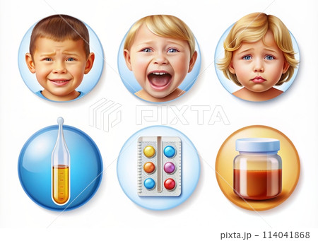 Set of cartoon icons with children's faces and medicines isolated on white background 114041868