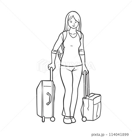 Line art drawing. Girl with a suitcase Line art drawing. Girl with a suitcase 114041899