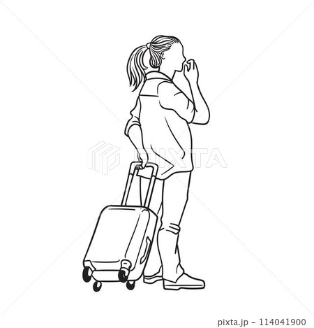 Line art  drawing. Girl with a suitcase. 114041900