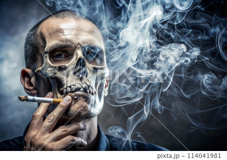 skull smoke cigarette The harm of smoking. Man with skull smoking a... - Stock Illustration  [114041981]