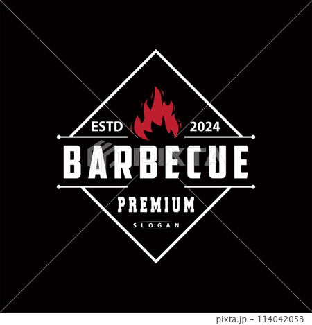 Illustration of a restaurant design with a vintage barbecue logo concept with the concept of a fire burning on a simple bbq hot grill Illustration of a restaurant design with a vintage barbecue logo concept with the concept of a fire burning on a simple bbq hot grill 114042053