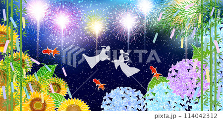 七夕　花火　夏　ひまわり　背景	 114042312