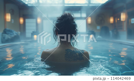 温泉に入る刺青の女性 114042469