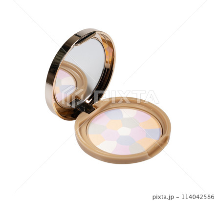 Face makeup powder in a plastic case with a brush on a white background 114042586