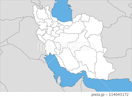イラン・イスラム共和国と周辺国の白地図、州境入り 114043172