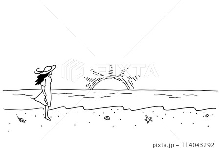 海辺を歩く女性の線画イラスト　白黒 114043292