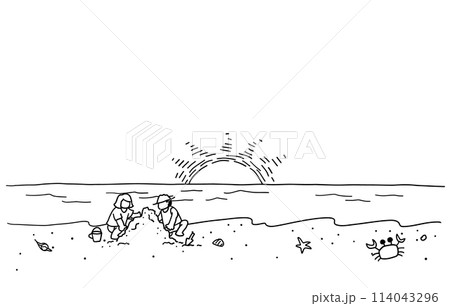 浜辺で遊ぶ子どもたちの線画イラスト 白黒 浜辺で遊ぶ子どもたちの線画イラスト 白黒 114043296