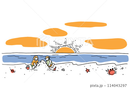 浜辺で遊ぶ子どもたちの線画イラスト　色付き 114043297