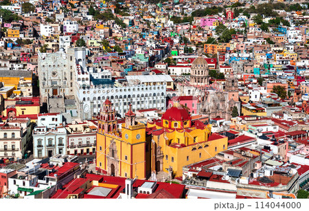 Aerial view of the old town of Guanajuato with the Basilica and the University. UNESCO world heritage in Mexico Aerial view of the old town of Guanajuato with the Basilica and the University. UNESCO world heritage in Mexico 114044000