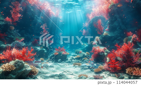 Underwater Coral reef and bright ray sun. Generative AI 114044057