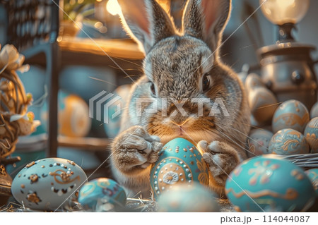 Easter Bunny rabbit with egg in wonderland. Generative AI Easter Bunny rabbit with egg in wonderland. Generative AI 114044087