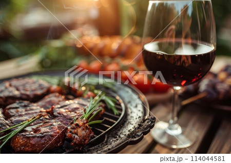 A table with a variety of food and a wine glass 114044581