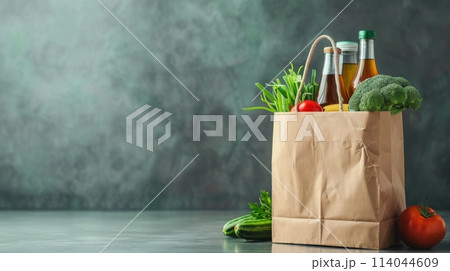 A bag of groceries with a variety of vegetables and a bottle of juice 114044609