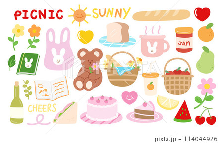 Illustration of summer picnic elements such as fruit basket, flowers, teddy bear, sun, bread, jam, orange, lemon, mango, watermelon, cherry, warm drink, sandwich, cake, champagne, shopping bag, diary 114044926