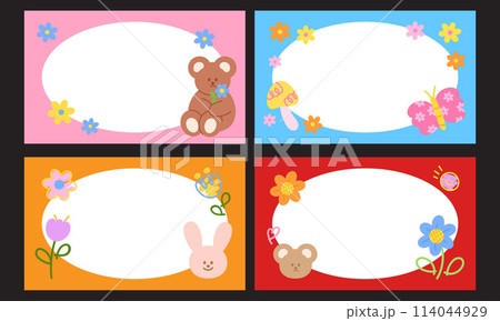 Illustration of colourful rectangle banner set with teddy bear, bunny, flower, butterfly for frame, ad template, background, wallpaper, backdrop, animal, zoo, poster, post card, picnic, spring, summer 114044929
