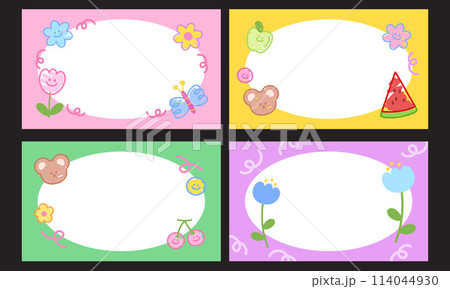 Illustration of pastel rectangle banner set with teddy bear, butterfly, flower, fruits for frame, ad template, background, wallpaper, backdrop, animal, zoo, poster, post card, picnic, spring, summer Illustration of pastel rectangle banner set with teddy bear, butterfly, flower, fruits for frame, ad template, background, wallpaper, backdrop, animal, zoo, poster, post card, picnic, spring, summer 114044930