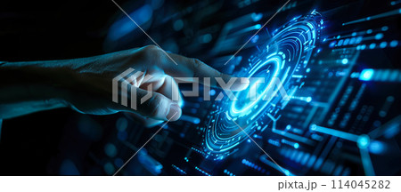 Businessman hand reaches out to touch a virtual screen display digital transformation. The concept of using technology to change and improve business. Generative AI. 114045282