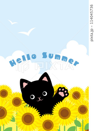 ひまわり畑で手を振っている黒猫の背景イラストのイラスト素材