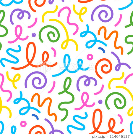 Kid line color seamless pattern. Abstract cute children party squiggle background design. Fun kid color line seamless pattern. Cute abstract children background. Vector 114046137