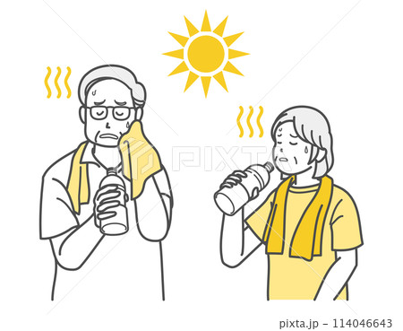 熱中症で水分補給するシニア夫婦のイラスト 114046643