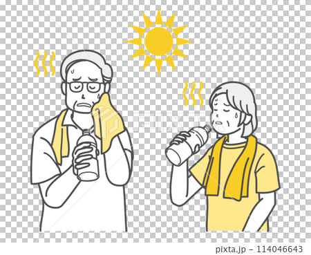 熱中症で水分補給するシニア夫婦のイラスト 114046643