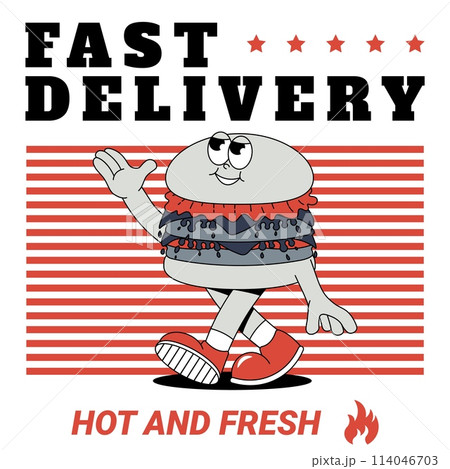 Funky burger card in retro groovy style. Trendy illustration. Cool maskot for cafe, bar, restaurant. Vector illustration 114046703