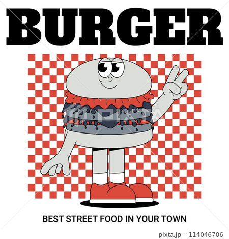 Funky burger card in retro groovy style. Trendy illustration. Cool maskot for cafe, bar, restaurant. Vector illustration 114046706