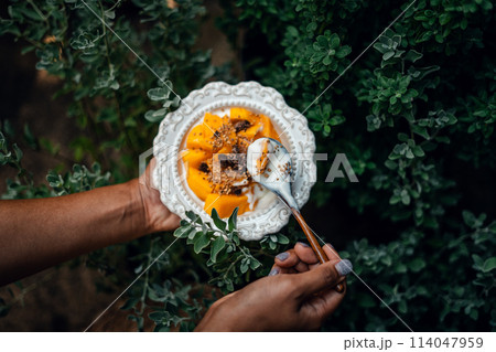 Mango yogurt in a white plate 114047959
