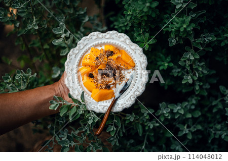 Mango yogurt in a white plate 114048012
