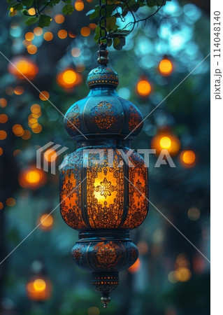 Decorative Arabic lantern with burning candle, glowing in the night. Festive card, invitation to the holy holiday for Muslims Eid al adha 114048140