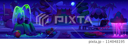 Night summer waterpark with slide and pool cartoon 114048195