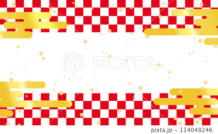 赤白市松模様にヱ雲と金箔をちりばめた背景イラスト素材 114048246