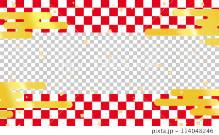 Background illustration of a red and white checkered pattern with clouds and gold leaf 114048246