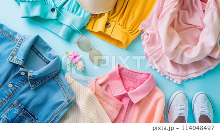 Spring fashion with pastel hues on soft blue backdrop, AI Generated 114048497