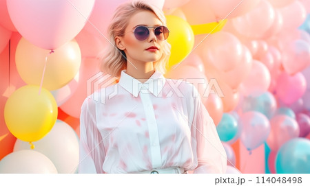 Woman adorned in spring fashion, surrounded by pastel balloons, AI Generated 114048498