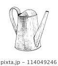 Watering can metal vector illustration. Curved gardening growth water. Black outline graphic drawing. Ink line contour silhouette outline. Instrument tool irritation grow. Horticulture grass lawn work 114049246
