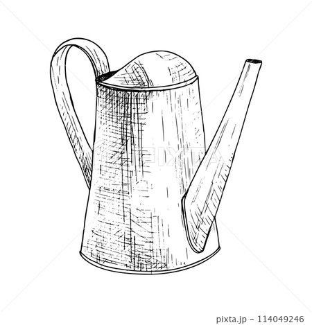 Watering can metal vector illustration. Curved gardening growth water. Black outline graphic drawing. Ink line contour silhouette outline. Instrument tool irritation grow. Horticulture grass lawn work 114049246
