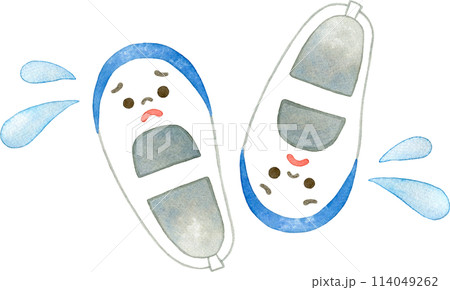 バラバラの困り顔の上履きの水彩イラスト バラバラの困り顔の上履きの水彩イラスト 114049262