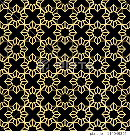 Abstract geometry pattern in Arabian style. Seamless vector background. Golden and black graphic ornament. Simple lattice graphic design Abstract geometry pattern in Arabian style. Seamless vector background. Golden and black graphic ornament. Simple lattice graphic design 114049295