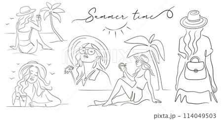 Set of fashionable girls on vacation in line art style for summer design, text in hand drawn vector illustration 114049503