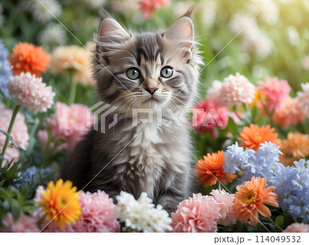 beautiful kitten, cat surrounded by fresh flowers outdoors 114049532